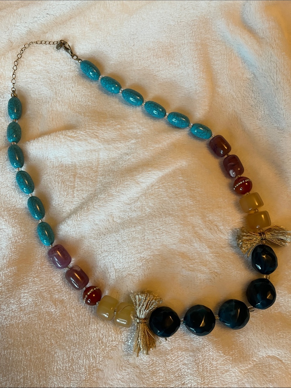 Turquoise, Navy and Amber Beaded Statement Necklace with Tassel Detail